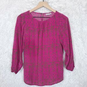 Ellie Kai Pure Silk Peasant Blouse Pink Brown Ikat 3/4 Sleeve Womens 00 XXS